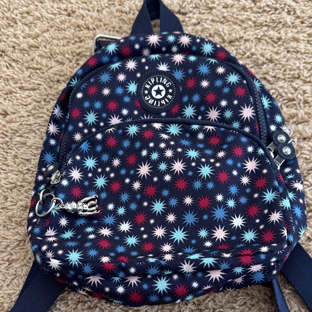EUC Kipling Paola Small Backpack Bag, Navy Star Starburst w/ Ape Metal Keychain